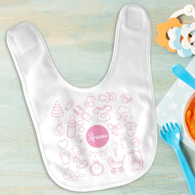 Bavaglino personalizzato per bambini - Rosa con molte figurine