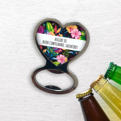 Apribottiglie a forma di cuore - Tanti auguri, fiorito