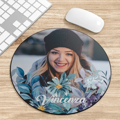 Tappetino per mouse rotondo con fiori e foto personalizzata